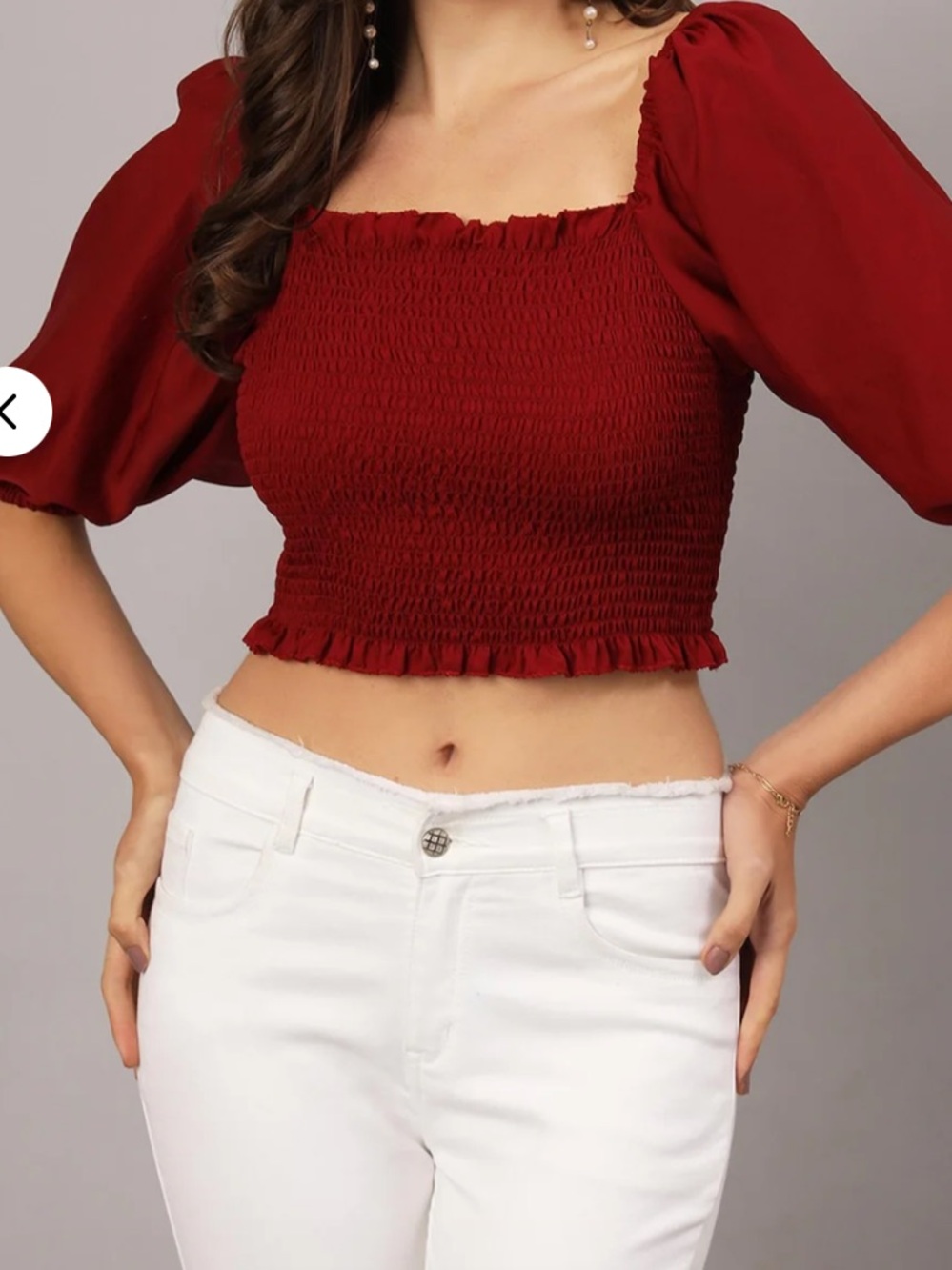 June & Ivy Burgundy Smocked Tie-Back Crop Top with Ruffle Trim XS